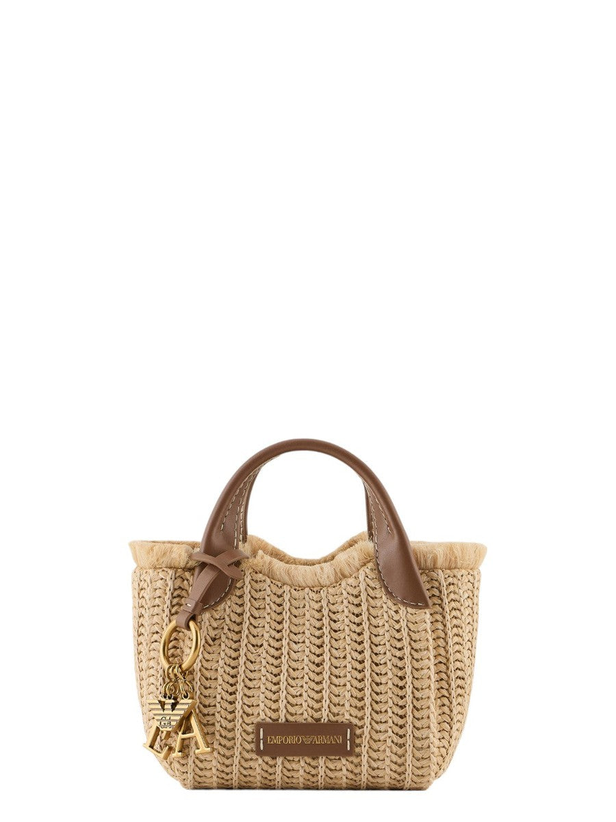 Borsa a mano in paglia intrecciata con charm logo-Emporio Armani-Borse a mano-Vittorio Citro Boutique