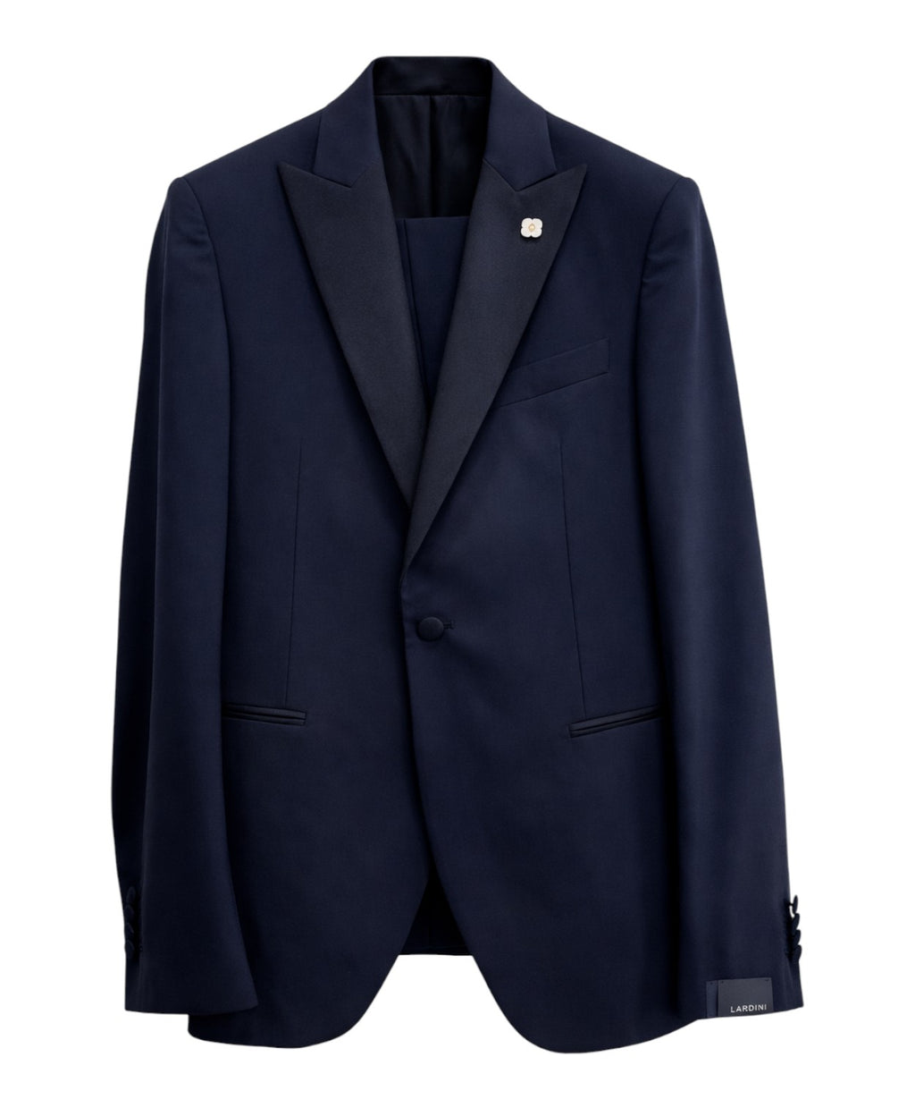 Lardini men's suit with satin lapels and jetted pockets