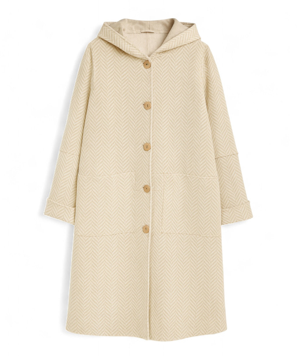 Blue and White Herringbone Wool Coat with Hood