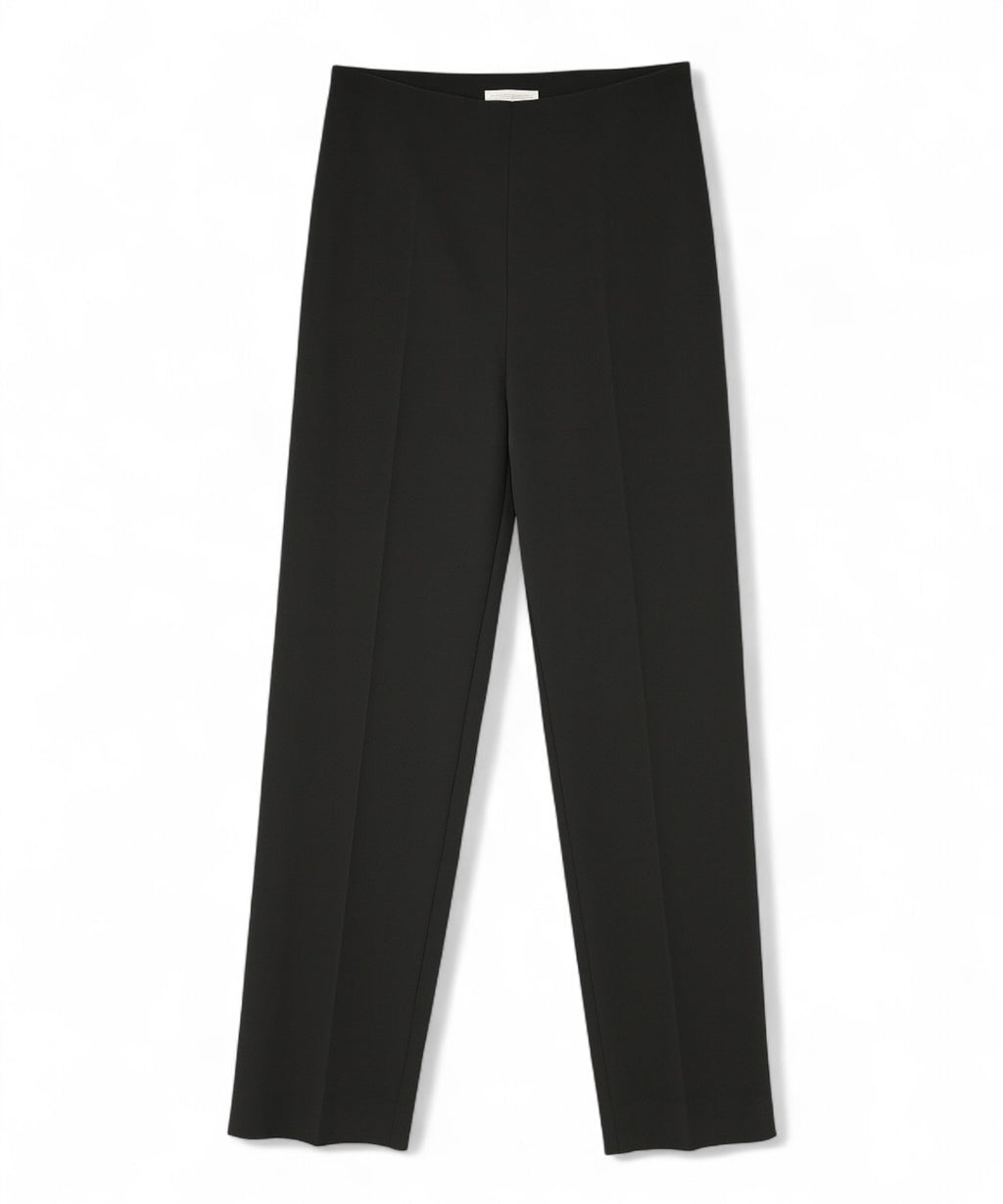 Black straight-leg trousers with a crease