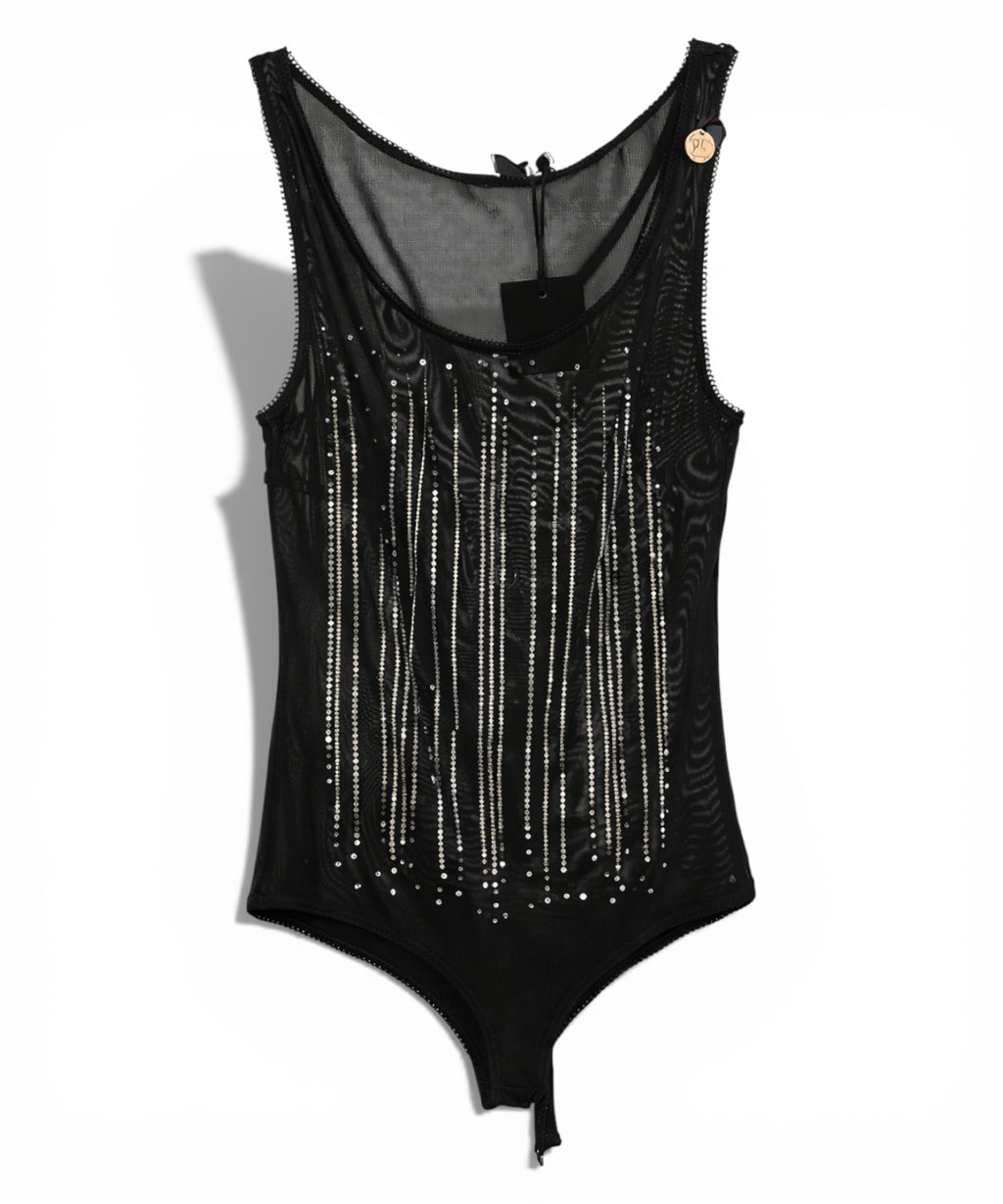 Black Tuwe Bodysuit with Rhinestones in Tulle