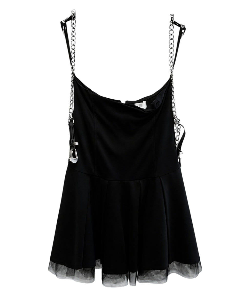 Black Dungaree Dress with Chain Straps and Ruffles