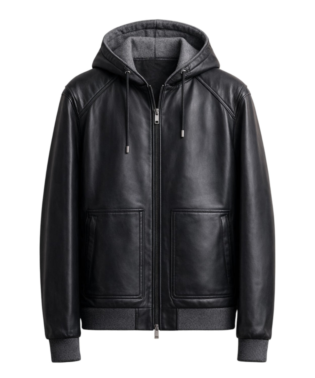 Gallotti Men's Leather Jacket with Hood and Zipper