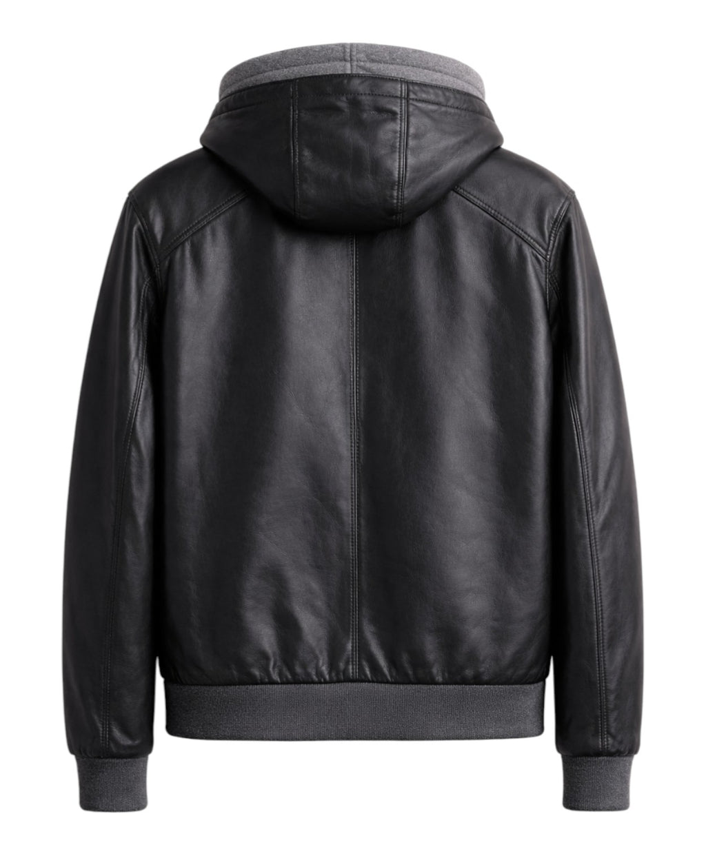 Gallotti Men's Leather Jacket with Hood and Zipper