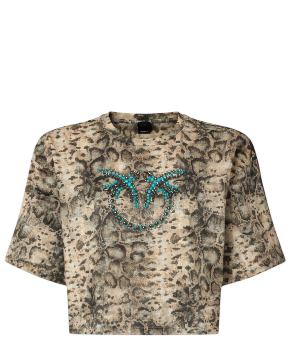 Pinko Terni Crop Snake Print T-shirt with Appliqués