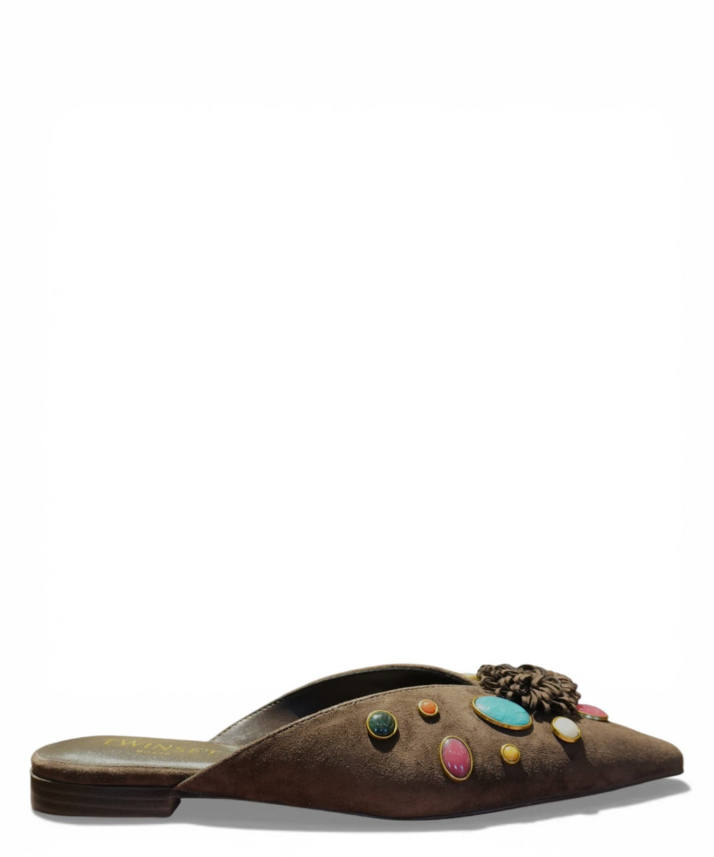 Pointed Suede Twinset Sabots with Applied Stones