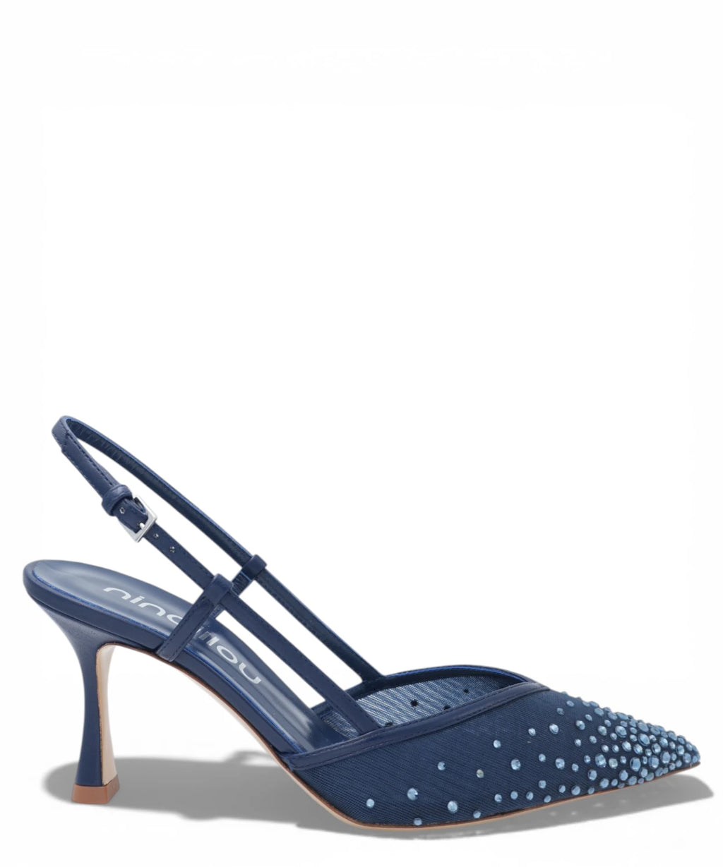Amy Slingback 757C in Navy Blue Nappa Leather with Rhinestones