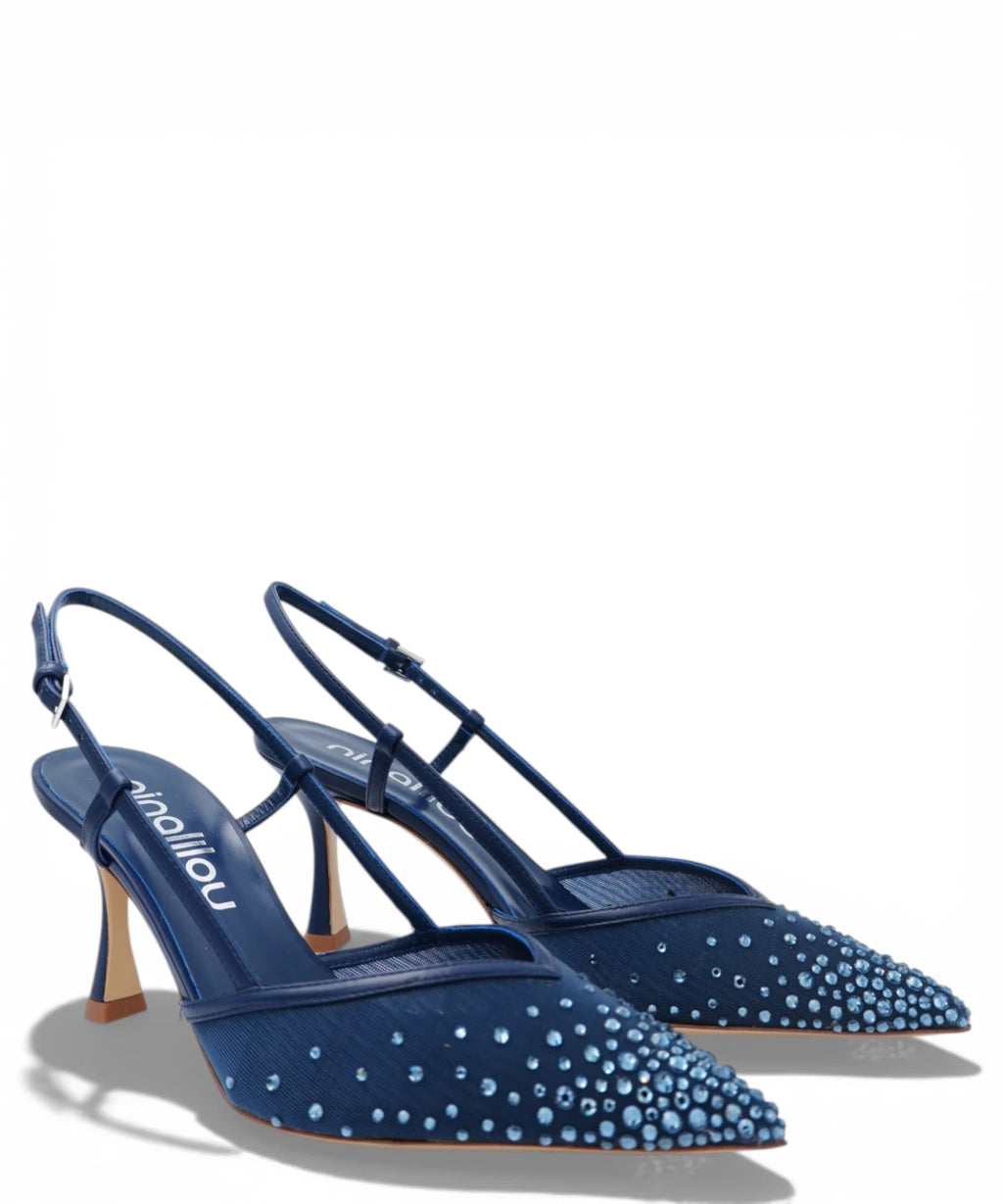 Amy Slingback 757C in Navy Blue Nappa Leather with Rhinestones