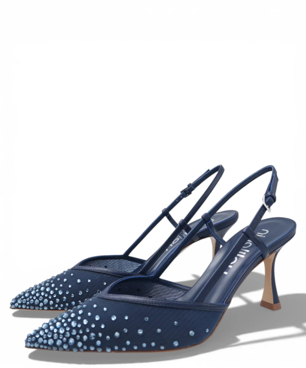 Amy Slingback 757C in Navy Blue Nappa Leather with Rhinestones
