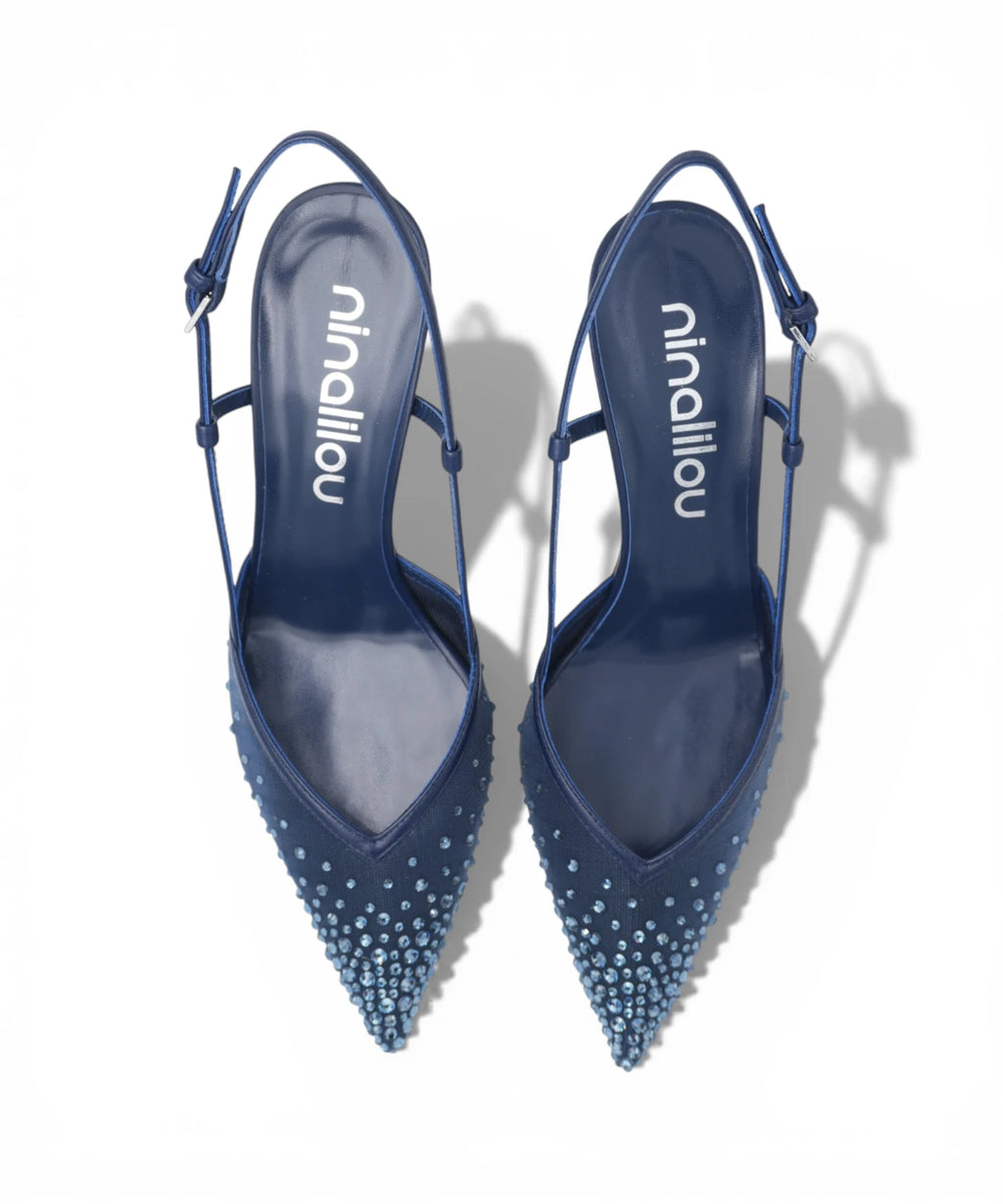Amy Slingback 757C in Navy Blue Nappa Leather with Rhinestones
