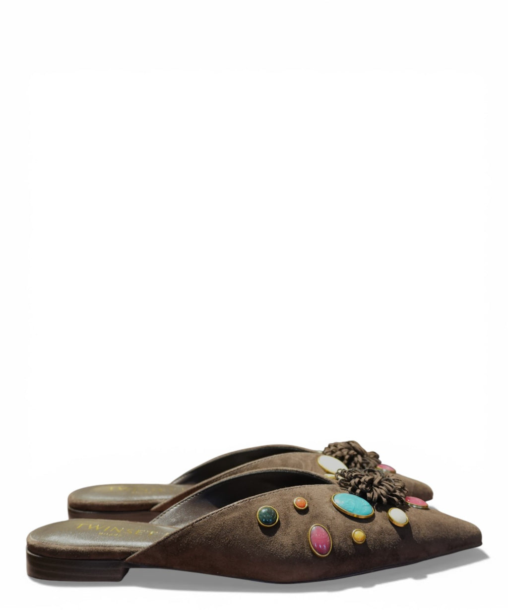 Pointed Suede Twinset Sabots with Applied Stones