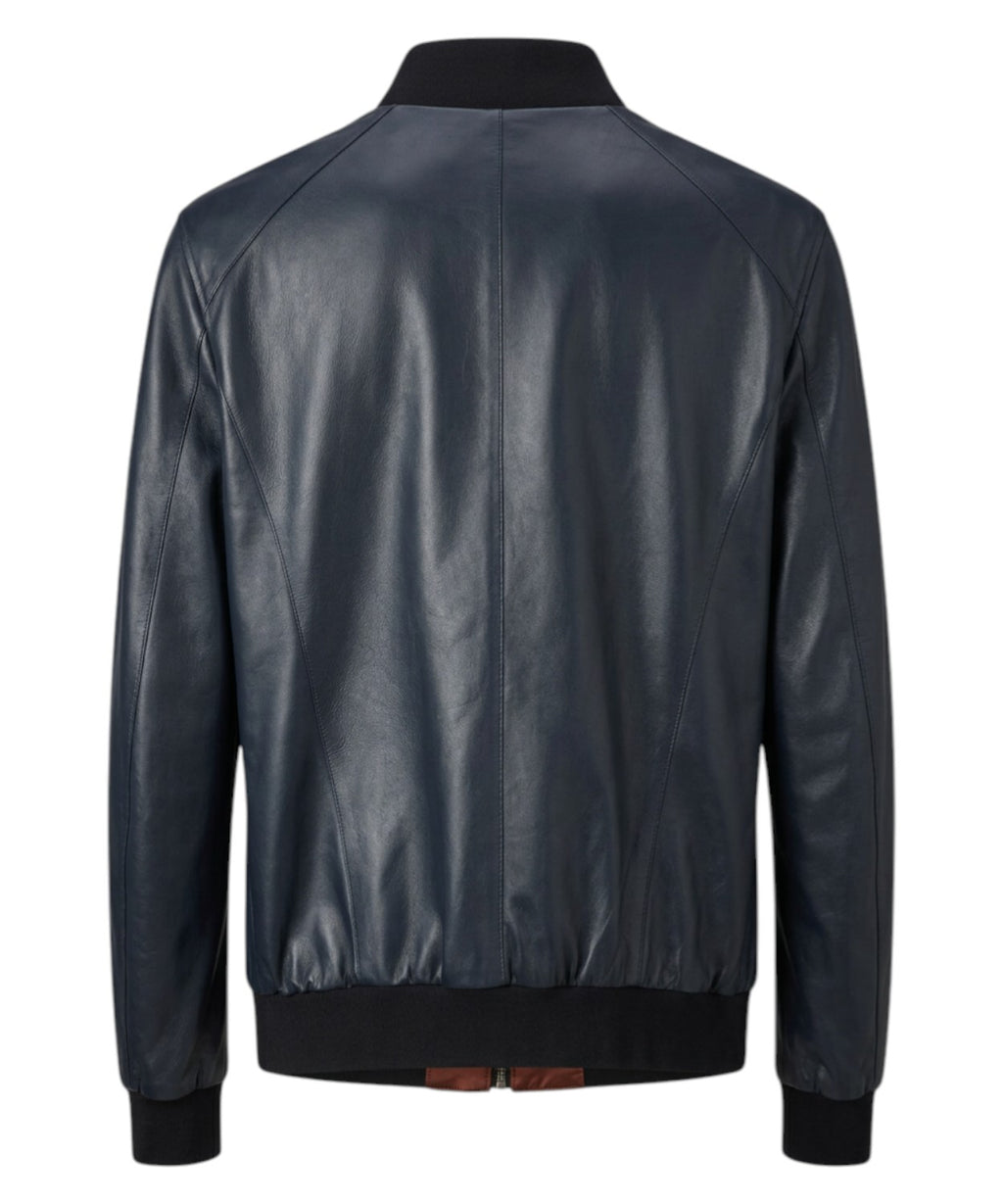 Chaqueta Hombre Piel Azul con Cremallera y Cuello Bomber