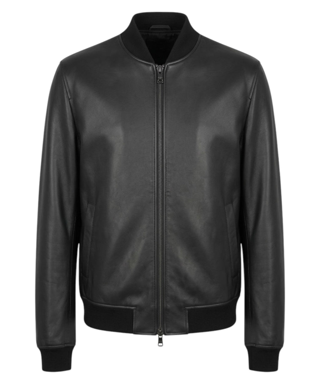 Men's Black Leather Gallotti Bomber Jacket with Zip