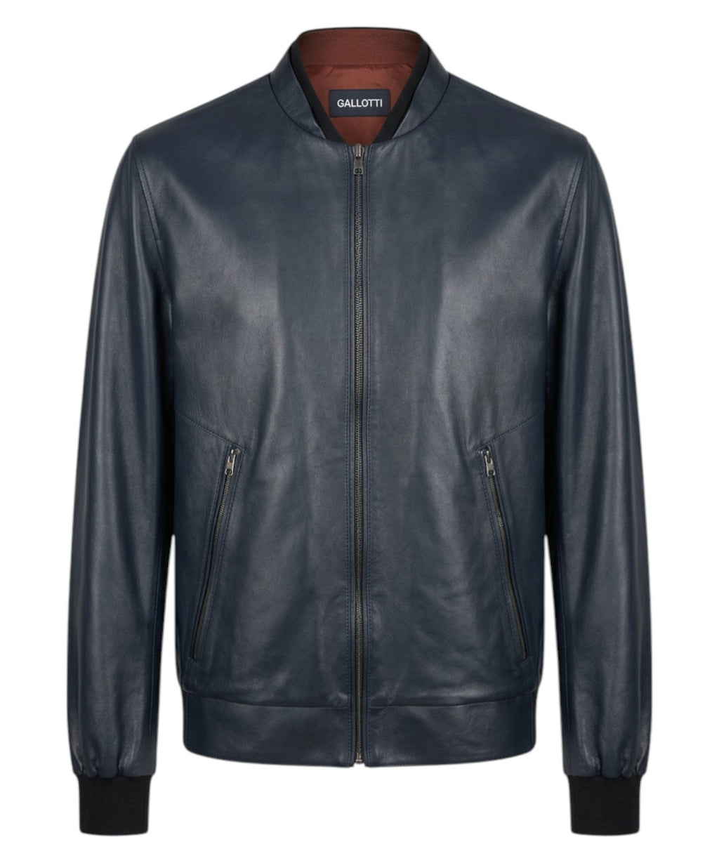Chaqueta Hombre Piel Azul con Cremallera y Cuello Bomber