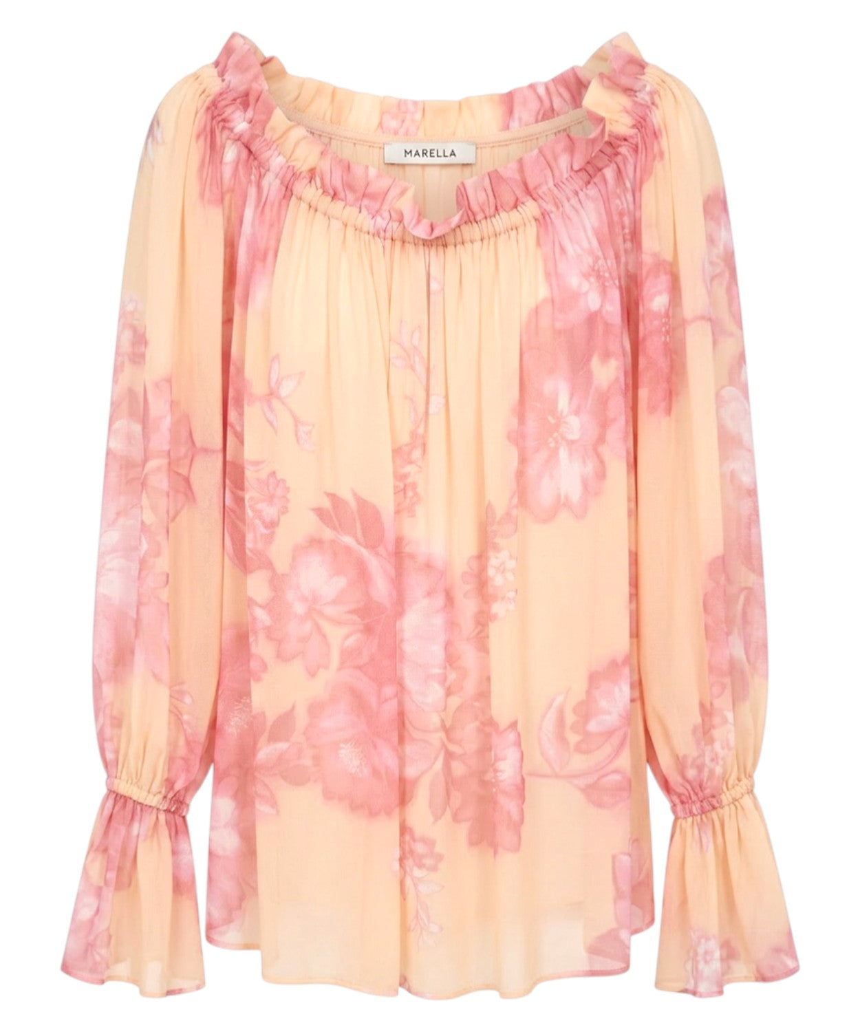 Blusa Donna Marella Floreale Rosa Pesca con Scollo Arricciato