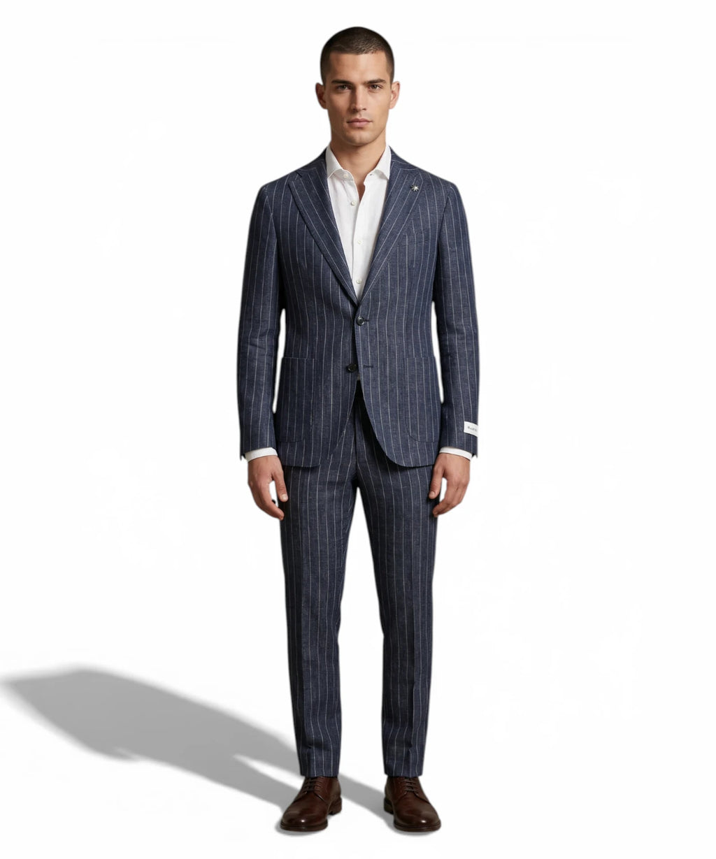 Men's Blue Pinstripe Jacket - Manuel Ritz Stretch Linen Blend