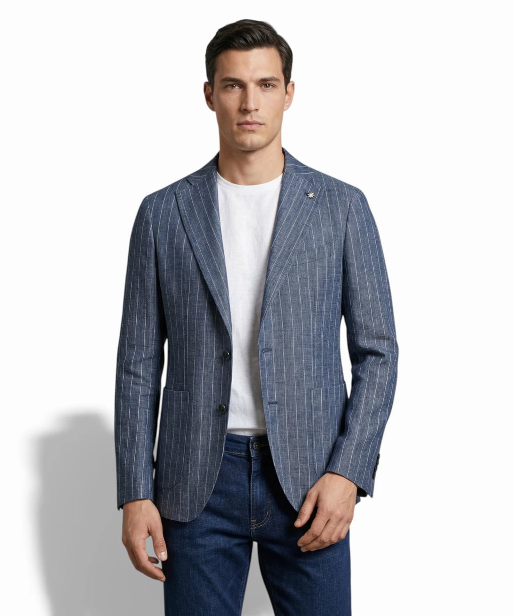 Men's Blue Pinstripe Jacket - Manuel Ritz Stretch Linen Blend