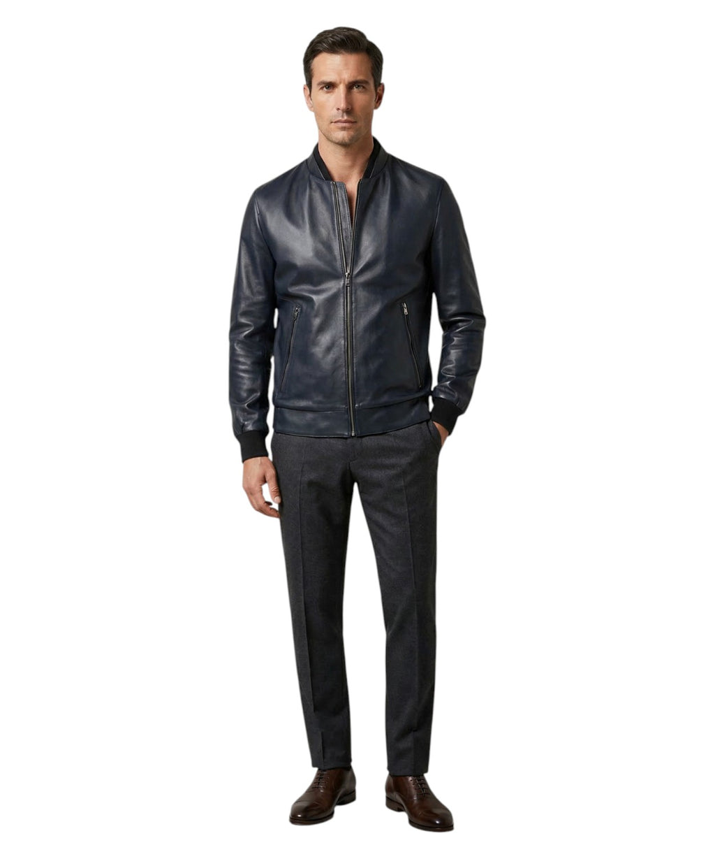 Chaqueta Hombre Piel Azul con Cremallera y Cuello Bomber