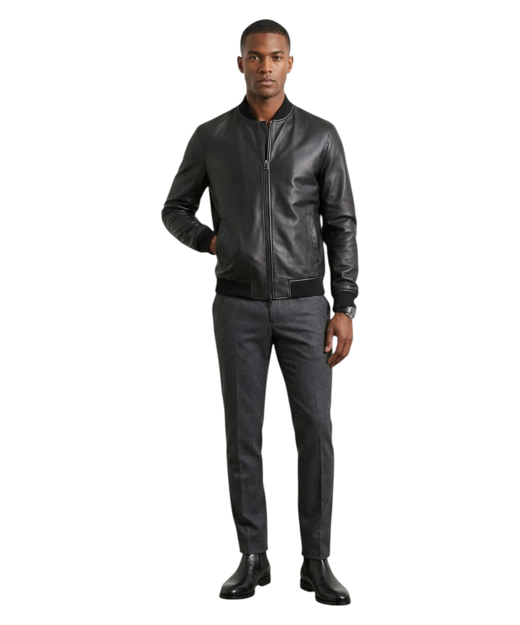 Men's Black Leather Gallotti Bomber Jacket with Zip