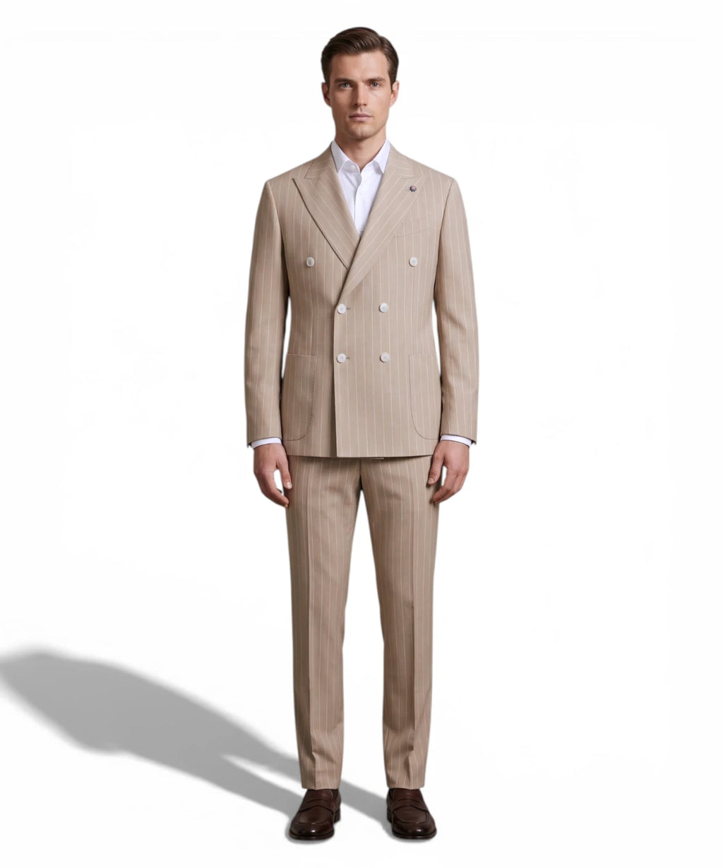 Pánský oblek béžový pruhovaný slim fit