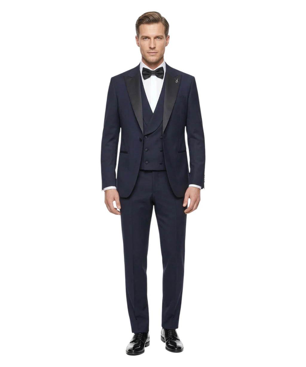 Men's Three-Piece Blue Suit with Elegant Waistcoat