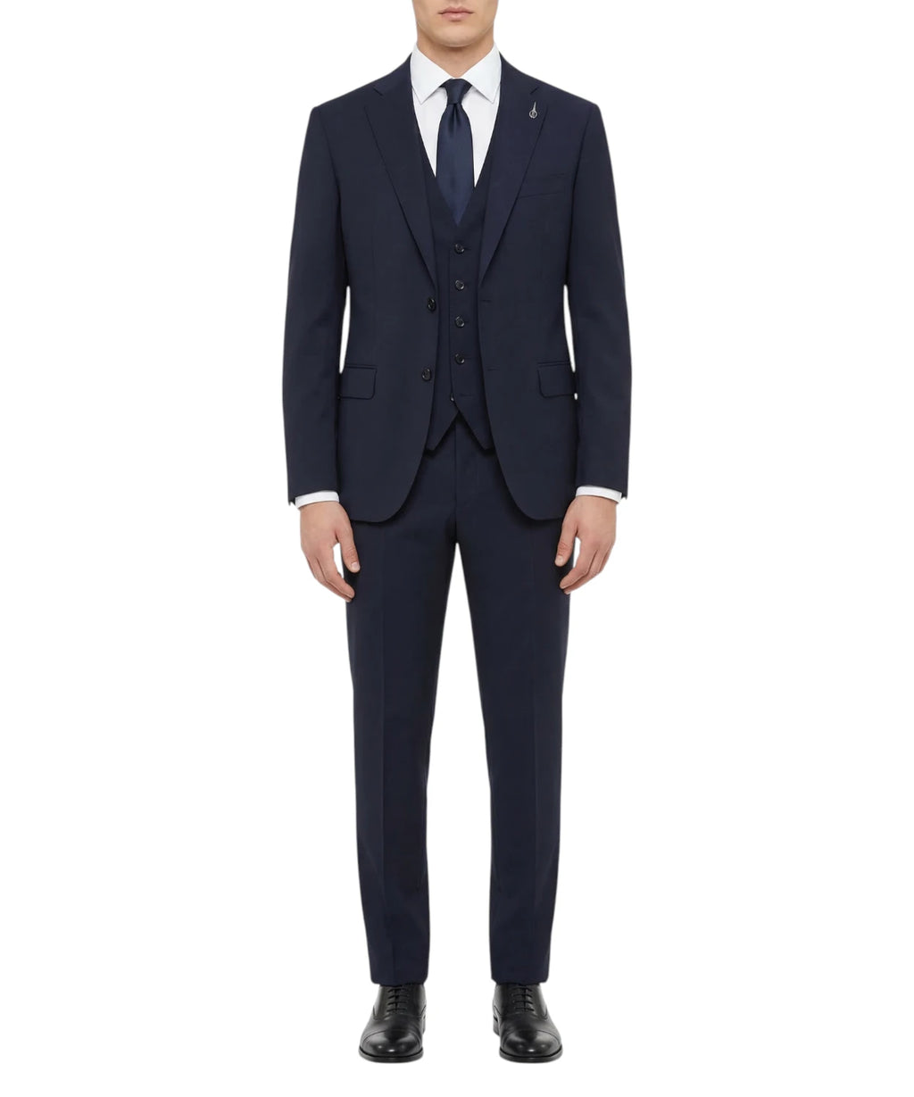 Men's Blue Three-Piece Suit with Elegant Waistcoat