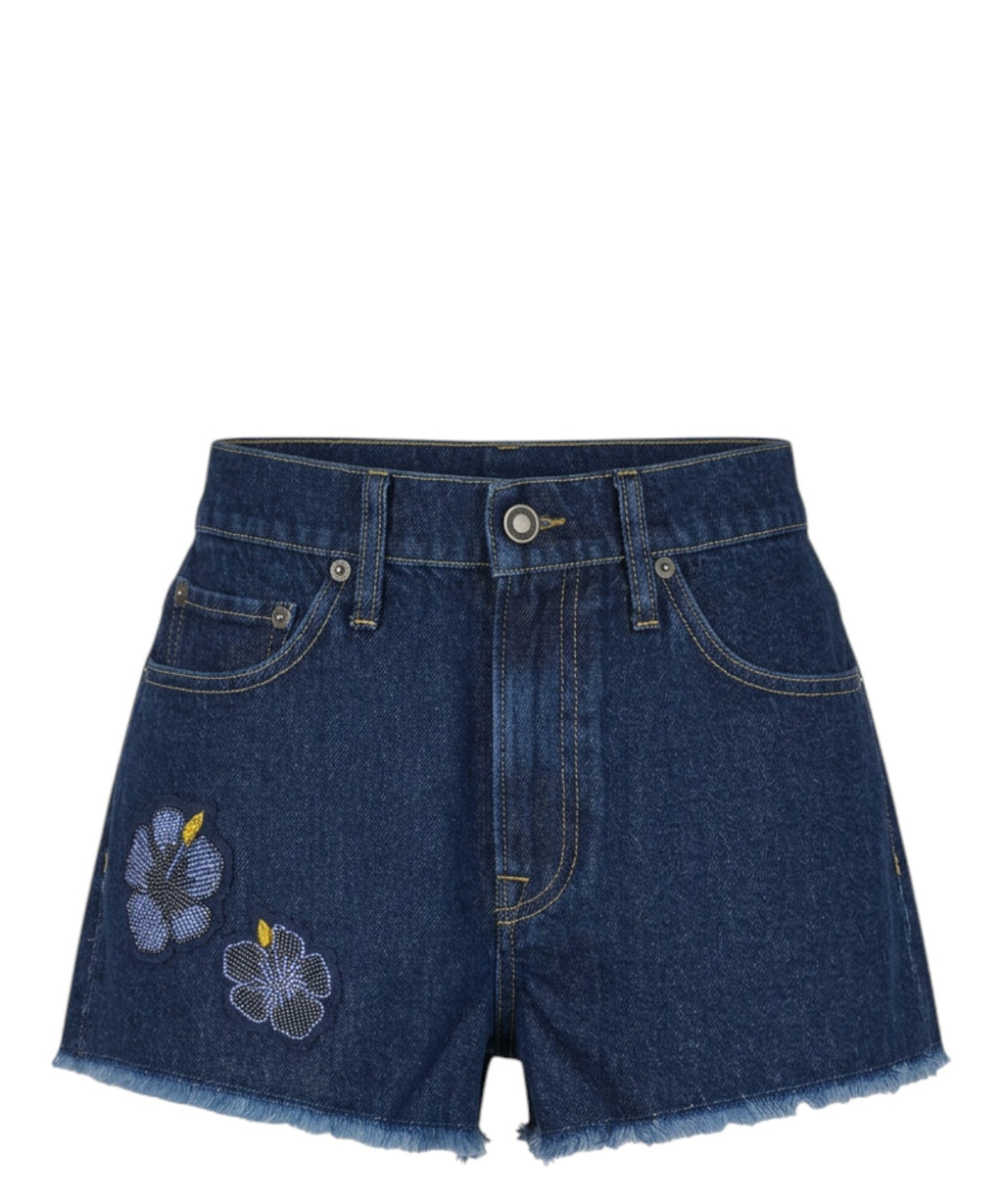 Musa Denim Shorts with Floral Patches and Beads