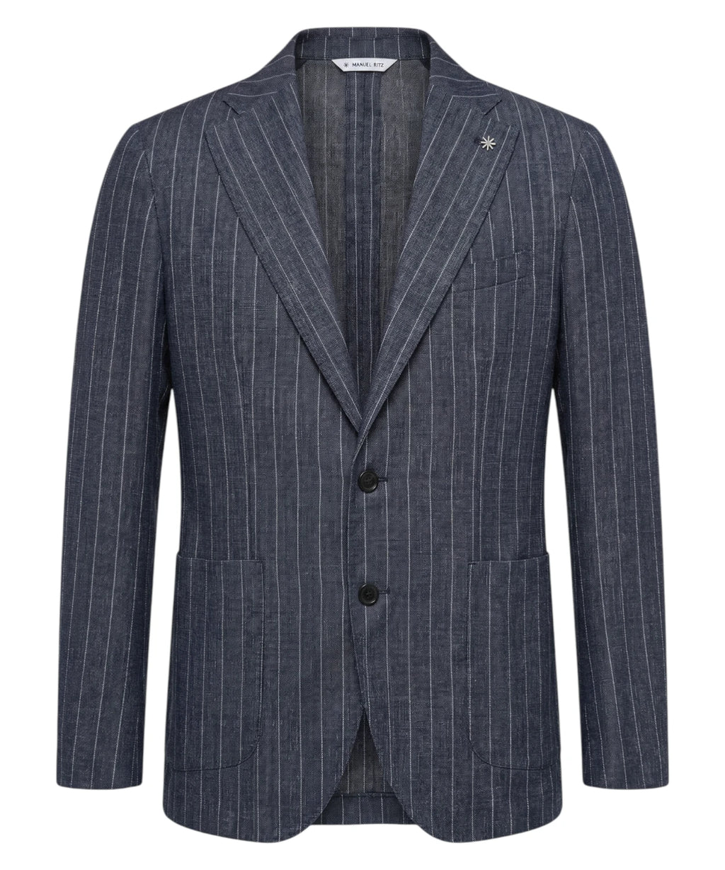 Men's Blue Pinstripe Jacket - Manuel Ritz Stretch Linen Blend