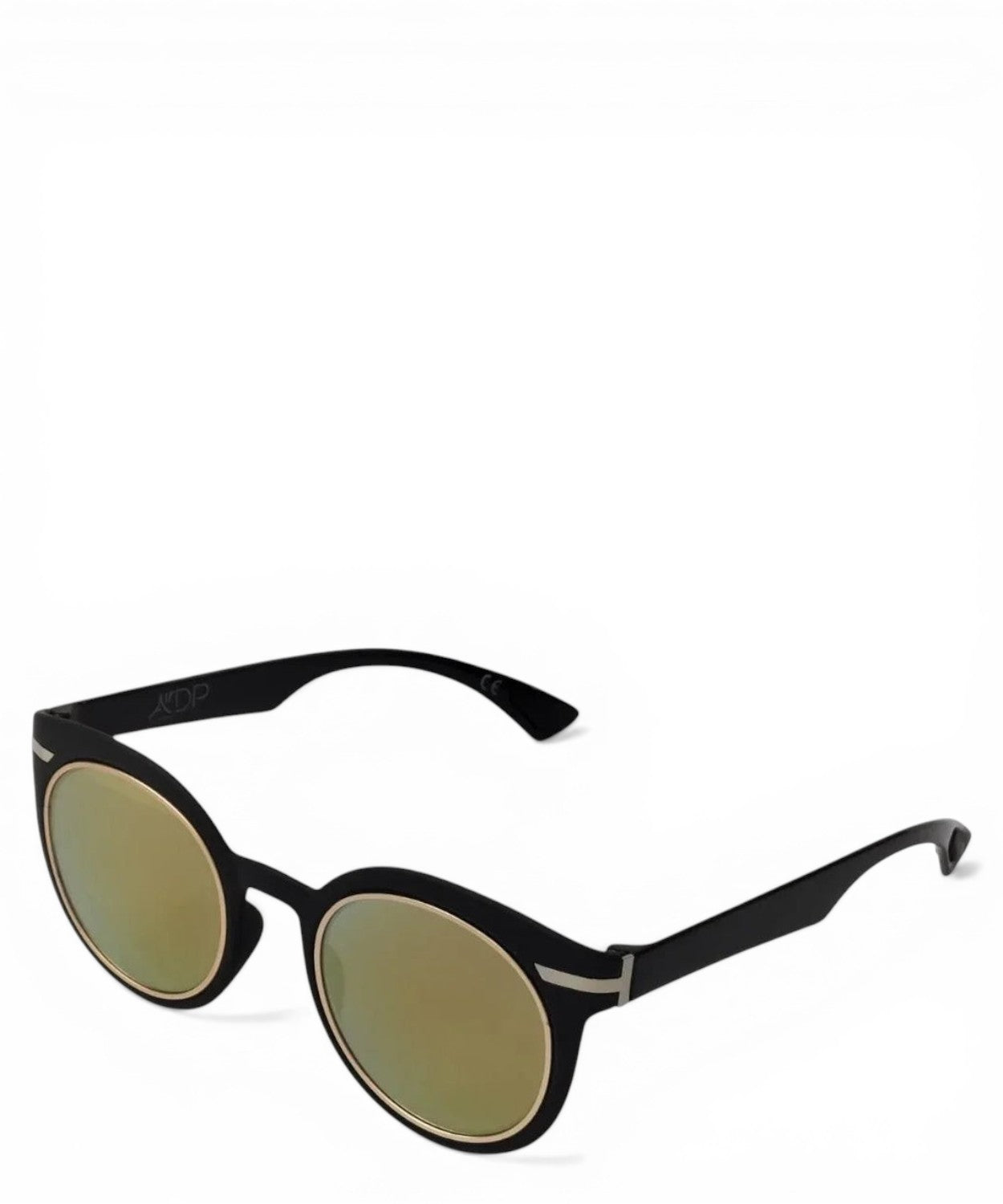 Vittorio Citro black round frame sunglasses with gold mirrored lenses and metallic accents.