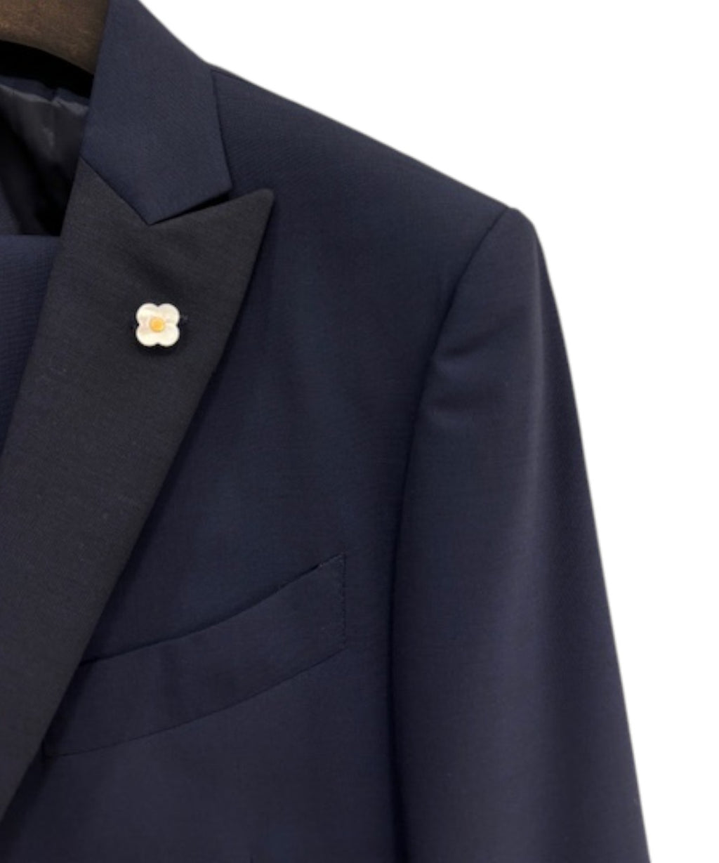 Lardini men's suit with satin lapels and jetted pockets