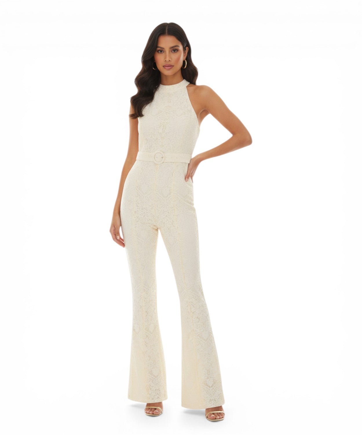 Twinset lace jumpsuit with halter neckline and belt