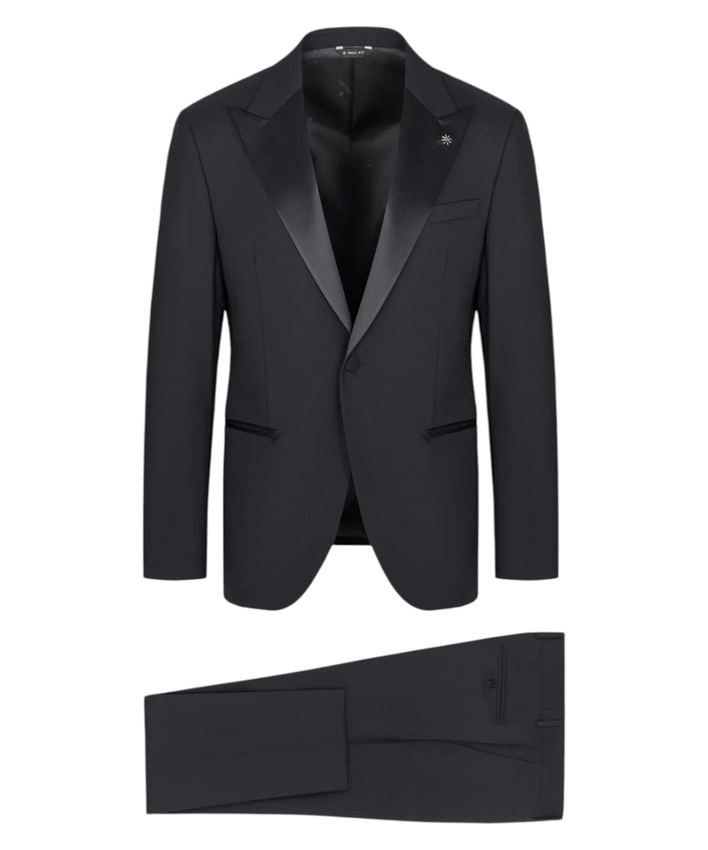 Manuel Ritz heren smoking zwart Slim Fit in Fresco Stretchwol met spitse revers