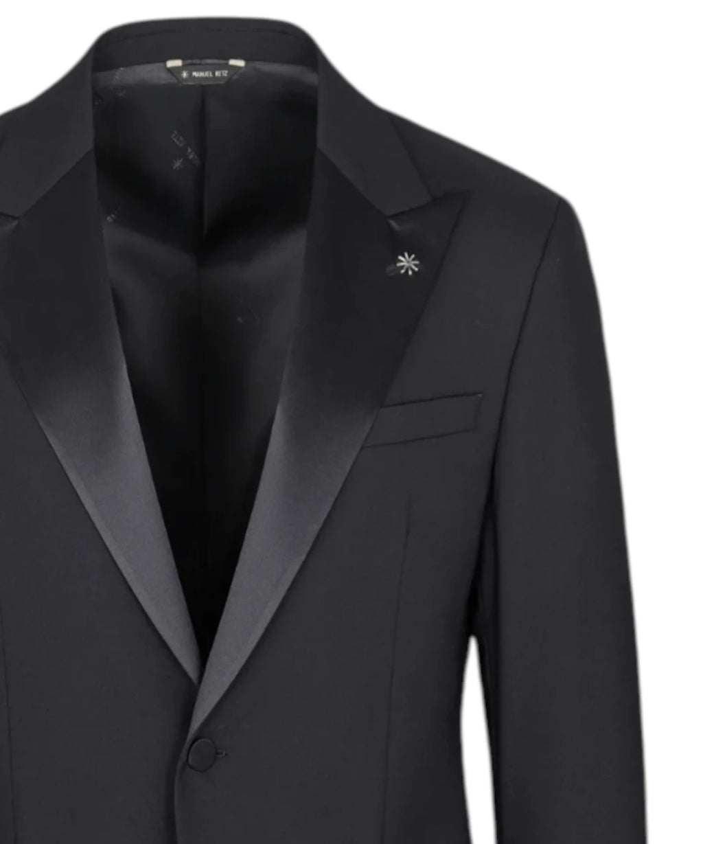 Manuel Ritz heren smoking zwart Slim Fit in Fresco Stretchwol met spitse revers