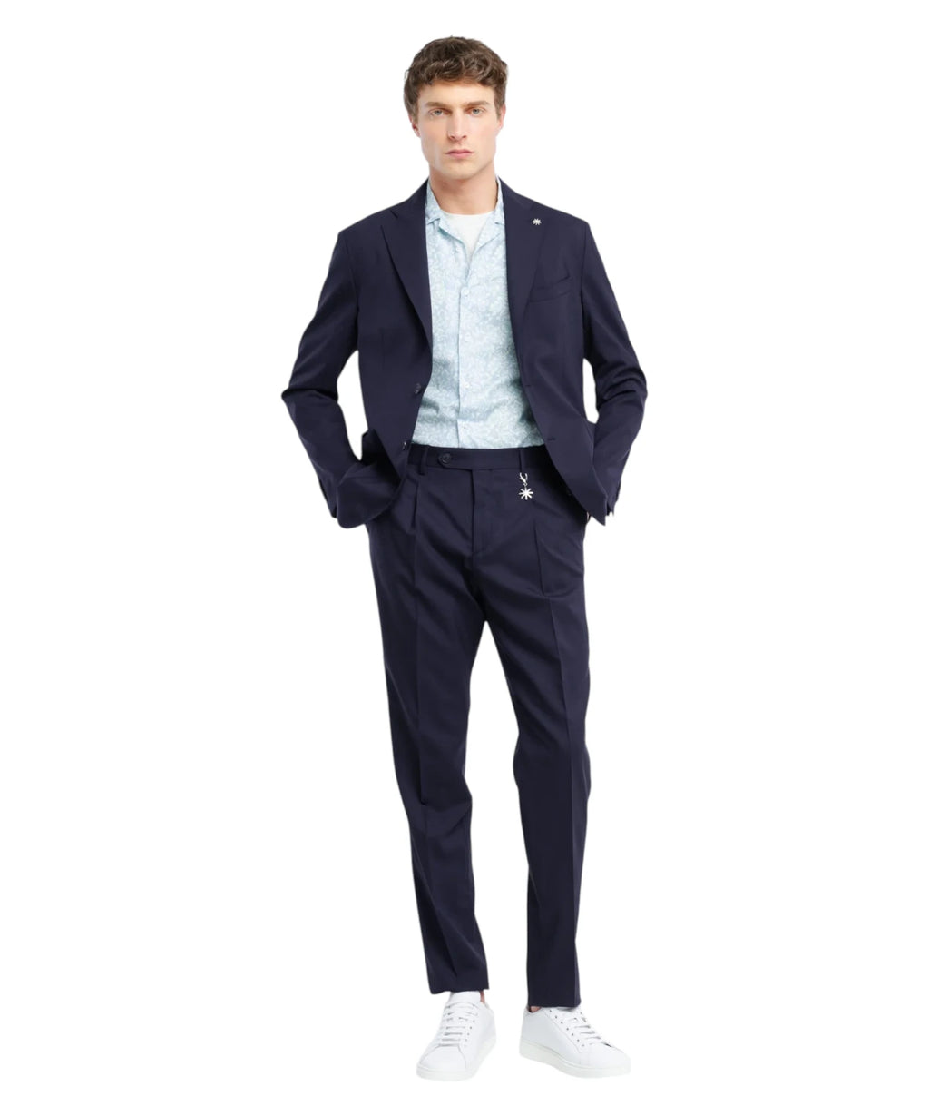 Men's Blue Slim Fit Trousers in Stretch Fresco Wool