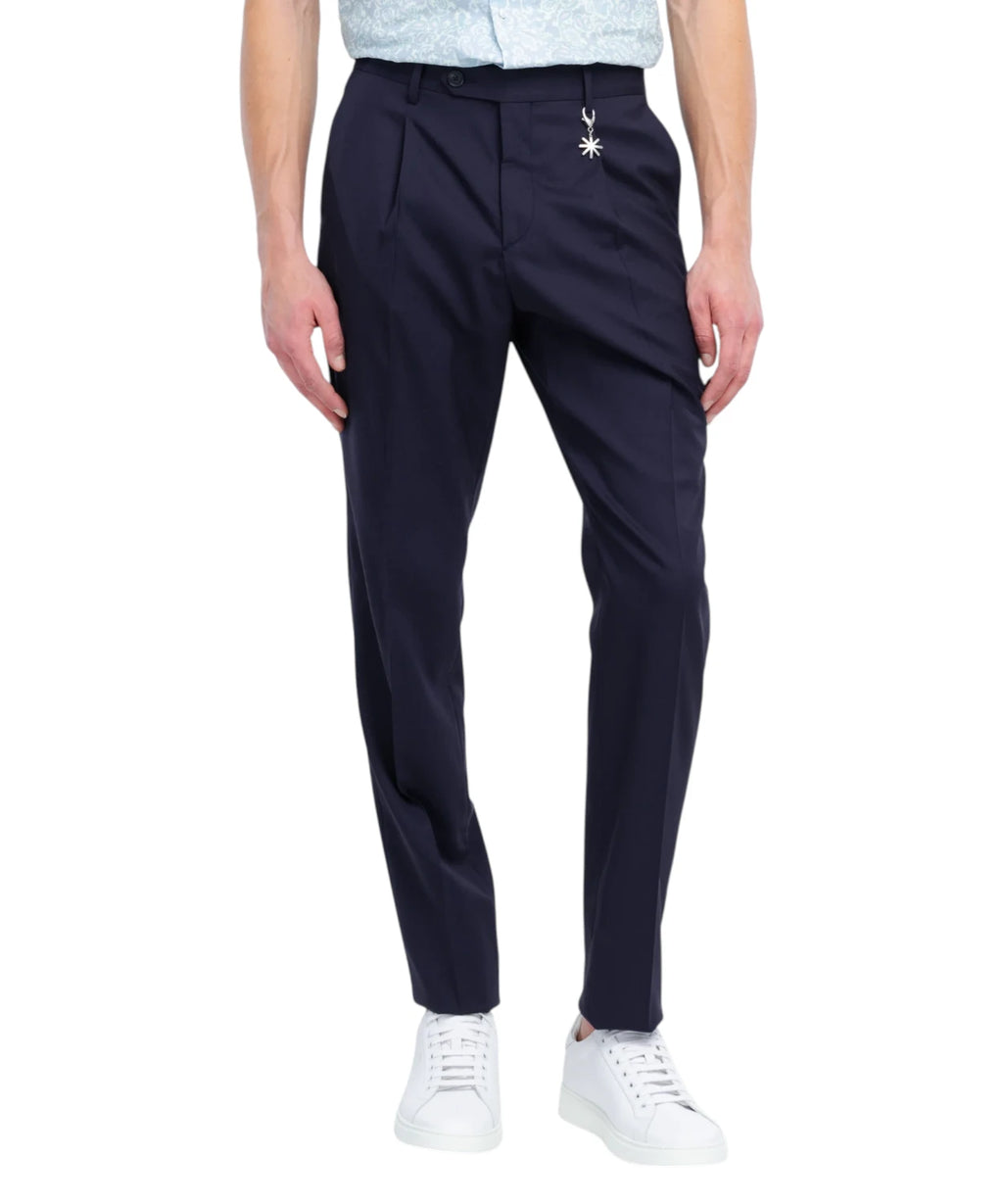 Men's Blue Slim Fit Trousers in Stretch Fresco Wool