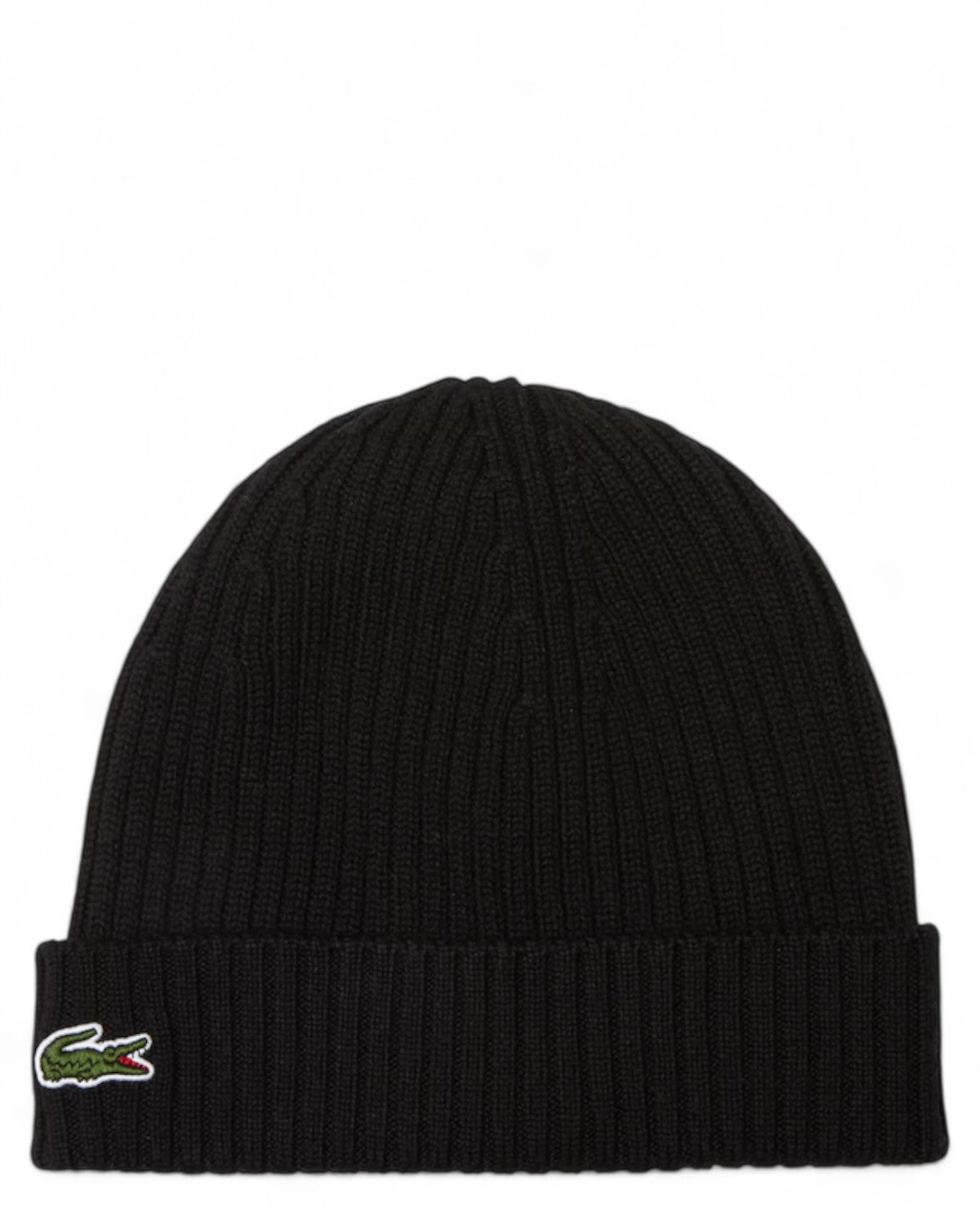 Berretto lana spazzolata Lacoste nero con logo coccodrillo ricamato sul risvolto, ideale per l'inverno. Design a coste per un look casual e moderno.