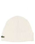 Berretto lana spazzolata Lacoste con logo ricamato, colore bianco panna, design a coste e risvolto, ideale per l'inverno.