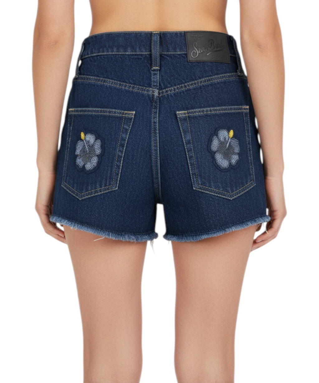 Musa Denim Shorts with Floral Patches and Beads
