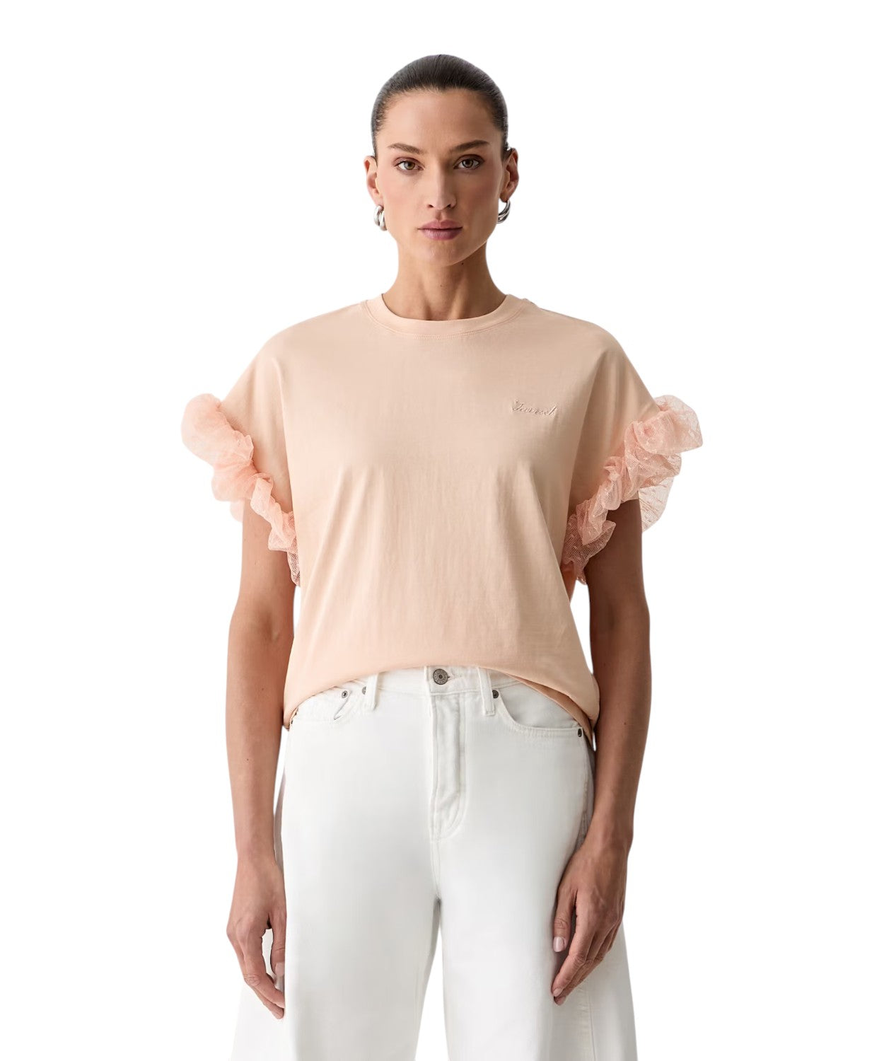 Twinset T-Shirt in Cotone Stretch con Maniche a Sbuffo in tulle
