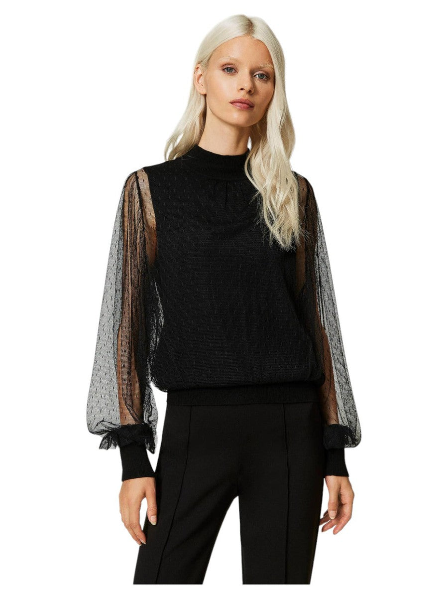 Top in maglia e tulle plumetis-Twinset-Maglieria-Vittorio Citro Boutique