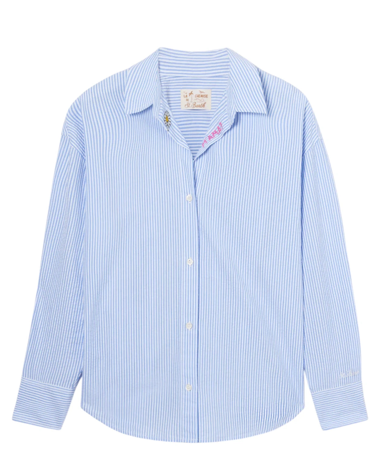 Camicia Cristal in Cotone Seersucker a Righe con Ricami