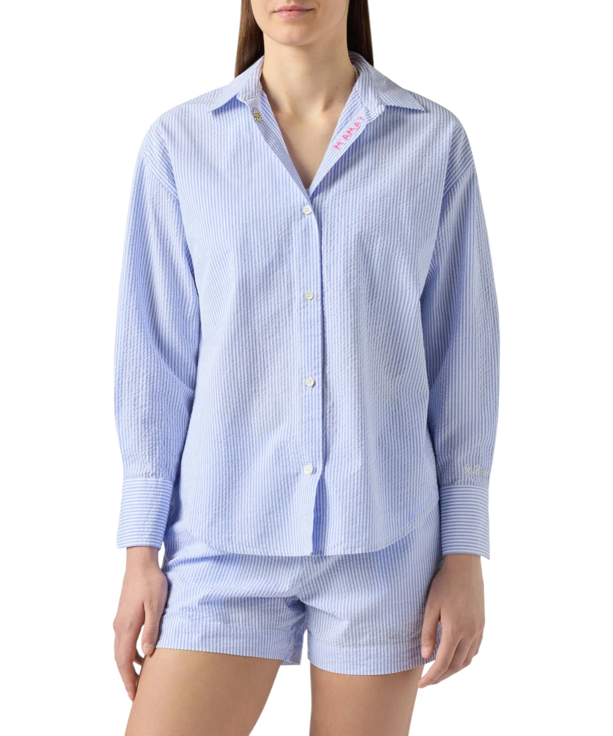 Camicia Cristal in Cotone Seersucker a Righe con Ricami