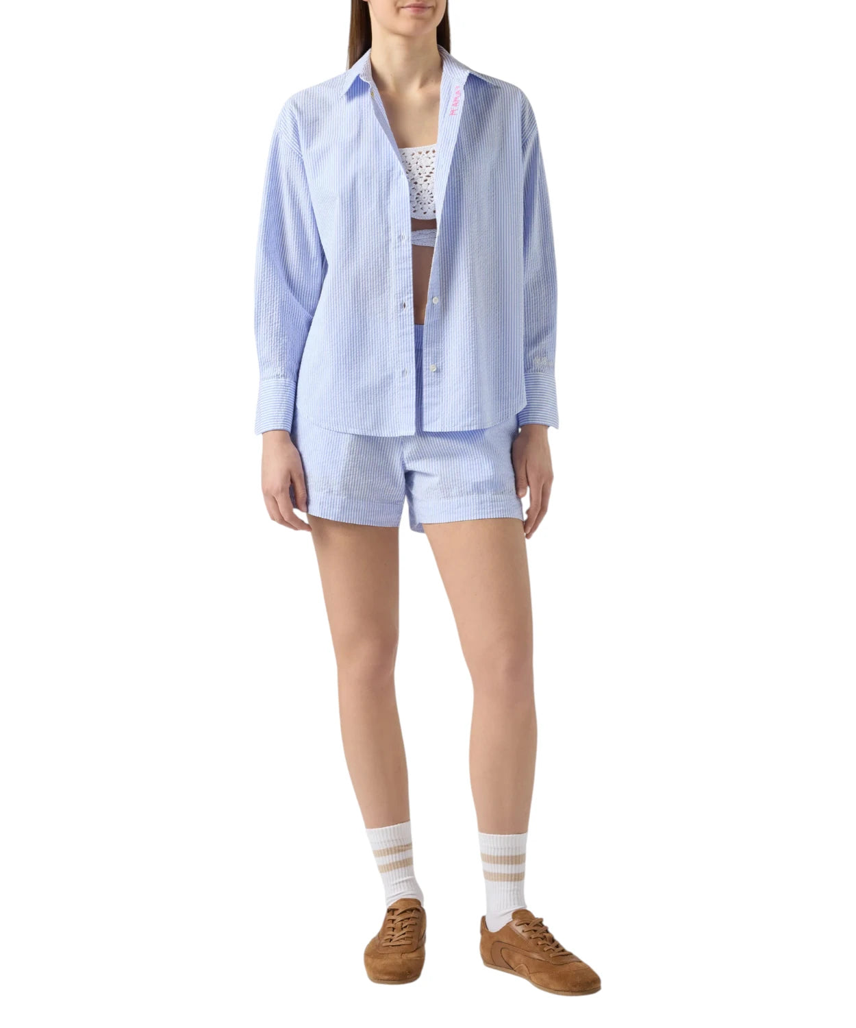 Camicia Cristal in Cotone Seersucker a Righe con Ricami