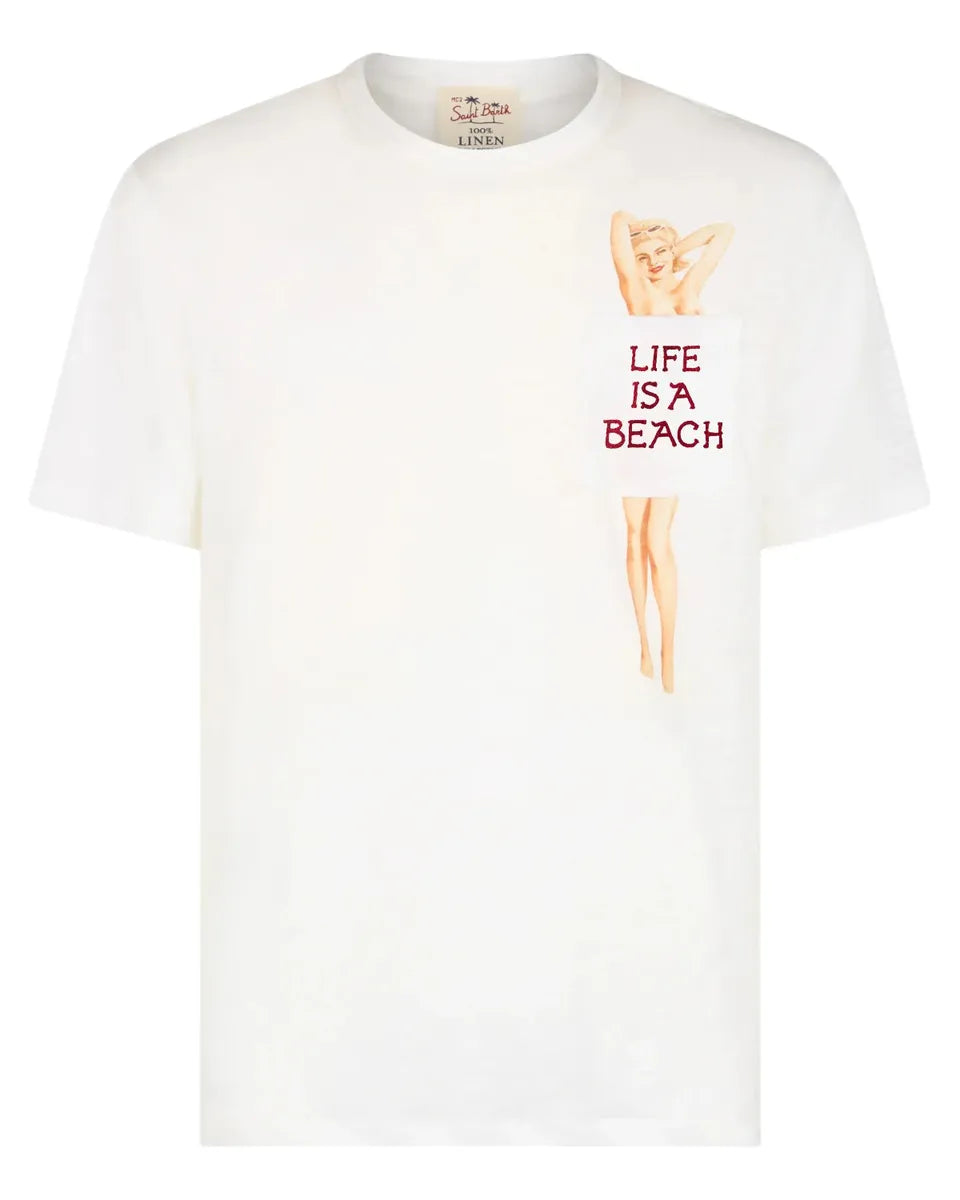 T-shirt Ecstasea in lino bianco con taschino stampato e ricamato-Mc2 Saint Barth-T-shirt-Vittorio Citro Boutique