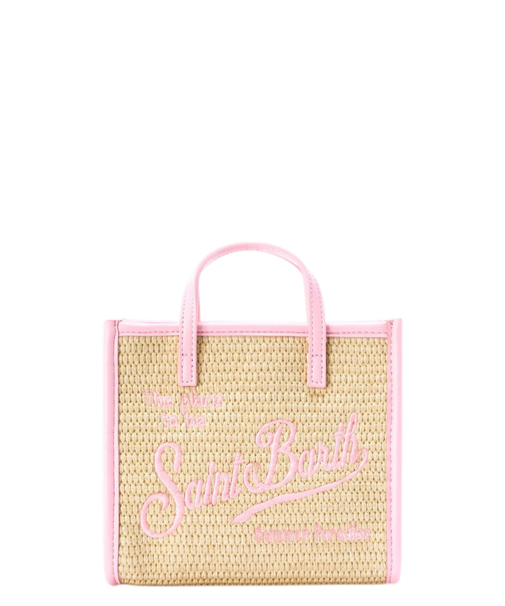 Beige mini straw-effect bag with embroidered logo