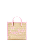 Beige mini straw-effect bag with embroidered logo