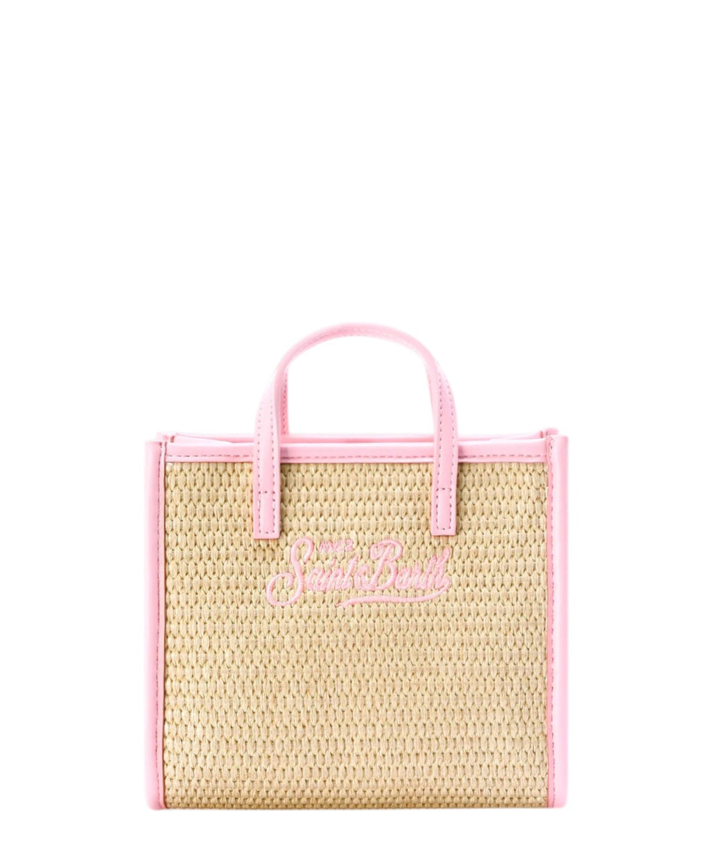 Beige mini straw-effect bag with embroidered logo