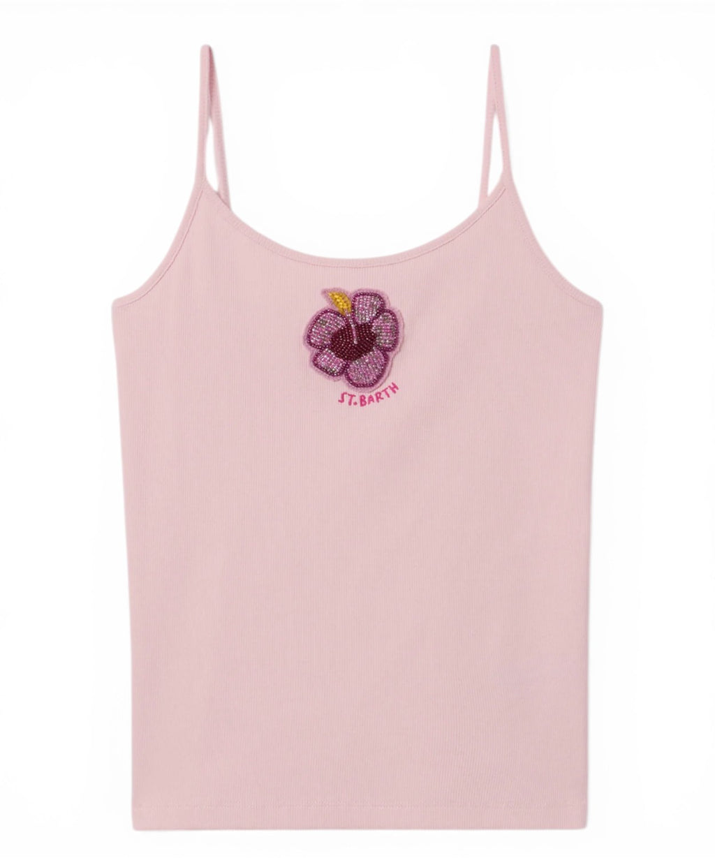 Zaira ribbed tank top with floral beaded patch