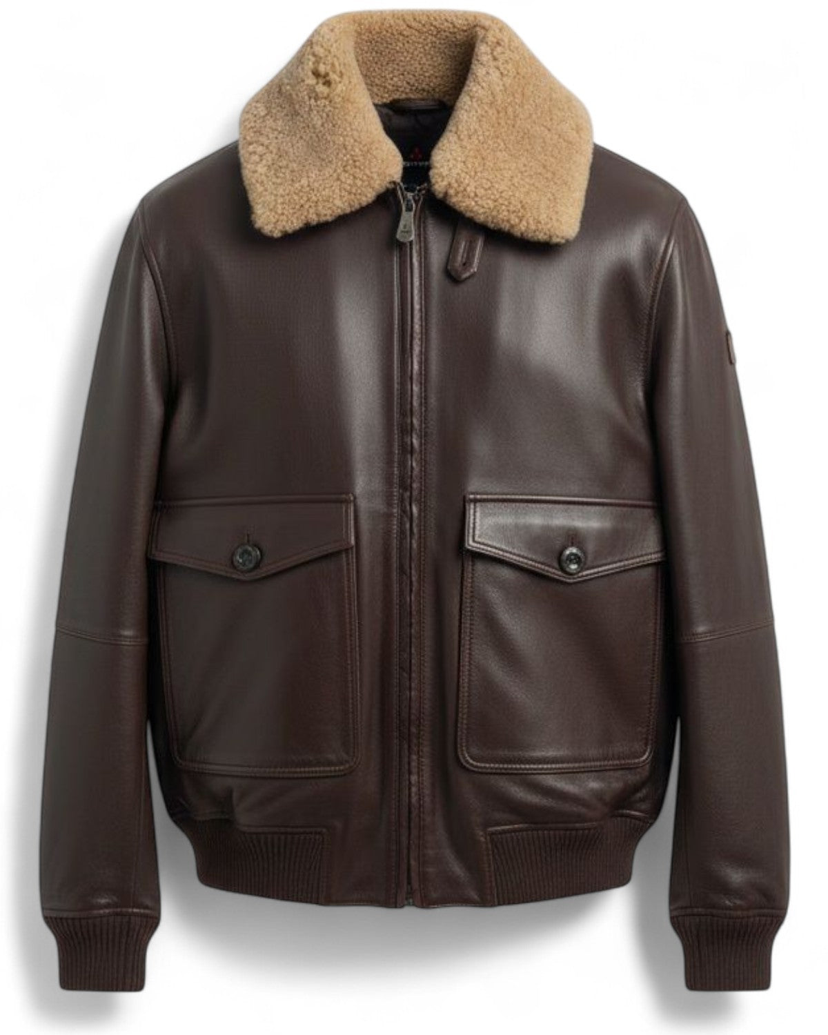 Giubbotto uomo Murdo in pelle marrone con collo shearling, tasche frontali con patta e zip centrale, stile aviatore per look invernale deciso.