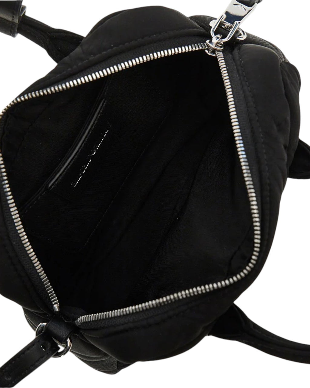 Mini skuldertaske til kvinder i quiltet nylon med skulderrem i læder